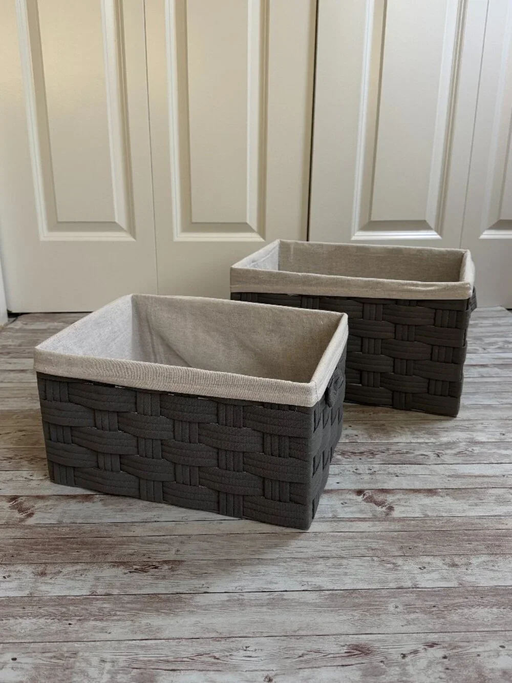 Pair Woven Fabric Baskets with Linen Liner Gray Beige 15